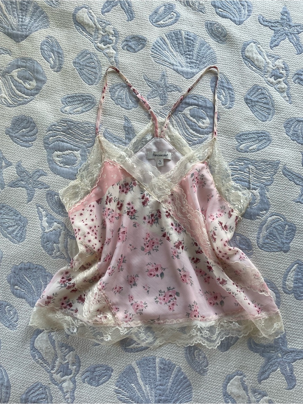 Francesca's Collections Pink Floral Satin Lace-Trim Cami Top